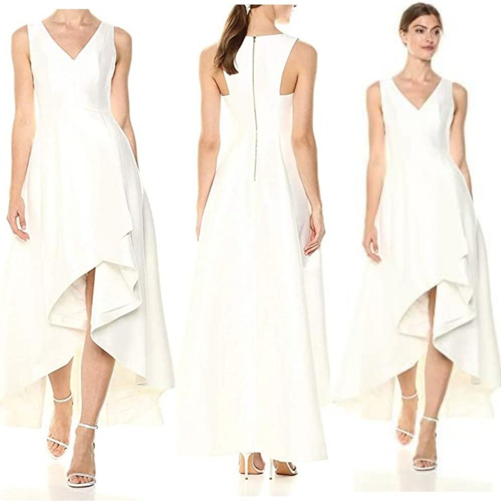Calvin Klein Sleeveless V-Neck Gown with High-Low Design Size 12 Wedding Dress